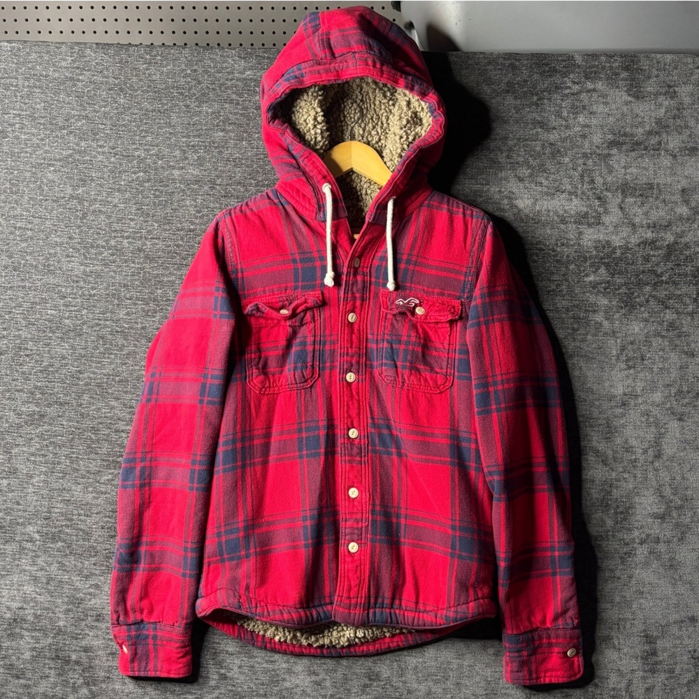 Hollister Mens Red Plaid Sherpa Lined Hooded Flannel Shirt Jacket Size M Y2K